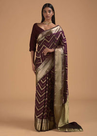 Wine Purple Pure Handloom Saree In Silk With Woven Chevron Design Online - Kalki Fashion