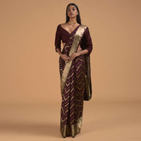 Wine Purple Pure Handloom Saree In Silk With Woven Chevron Design Online - Kalki Fashion