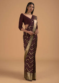 Wine Purple Pure Handloom Saree In Silk With Woven Chevron Design Online - Kalki Fashion