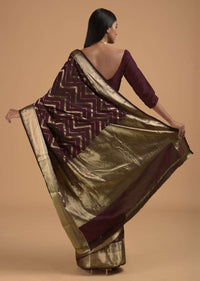 Wine Purple Pure Handloom Saree In Silk With Woven Chevron Design Online - Kalki Fashion