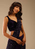 Wine Purple Ready Pleated Saree In Crepe With Striped Sequins Pallu And Matching Velvet Blouse With Bead Tassels