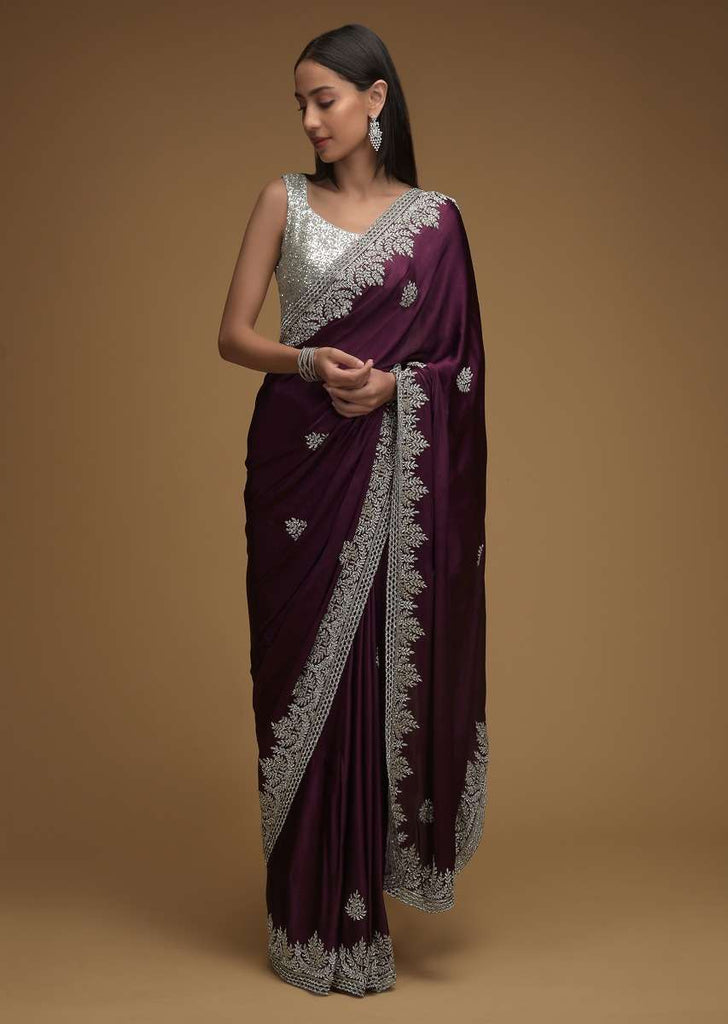 Wine Purple Saree In Chiffon Satin With Hand Embroidered Cut Dana Work Along With Unstitched Blouse Online - Kalki Fashion