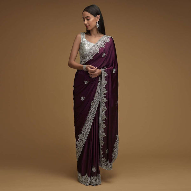 Wine Purple Saree In Chiffon Satin With Hand Embroidered Cut Dana Work Along With Unstitched Blouse Online - Kalki Fashion