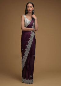 Wine Purple Saree In Chiffon Satin With Hand Embroidered Cut Dana Work Along With Unstitched Blouse Online - Kalki Fashion