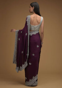 Wine Purple Saree In Chiffon Satin With Hand Embroidered Cut Dana Work Along With Unstitched Blouse Online - Kalki Fashion