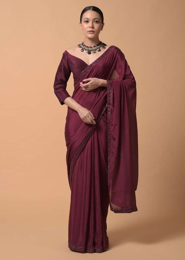 Maroon Saree In Chiffon With Scattered Moti Beads And Cut Dana Embellished Border Online - Kalki Fashion