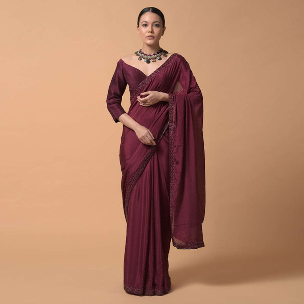 Maroon Saree In Chiffon With Scattered Moti Beads And Cut Dana Embellished Border Online - Kalki Fashion