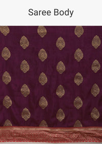 Wine Purple Saree In Dola Silk With Brocade Leaf Shaped Buttis And Contrast Red Bandhani Border Online - Kalki Fashion