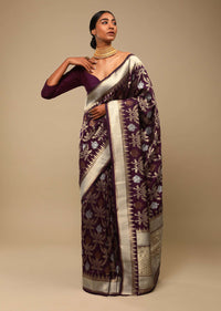 Wine Purple Saree In Art Handloom Silk With Three Toned Woven Floral Jaal, Geometric Motifs On The Pallu And Unstitched Blouse