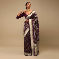 Wine Purple Saree In Art Handloom Silk With Three Toned Woven Floral Jaal, Geometric Motifs On The Pallu And Unstitched Blouse