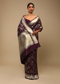 Wine Purple Saree In Art Handloom Silk With Three Toned Woven Floral Jaal, Geometric Motifs On The Pallu And Unstitched Blouse