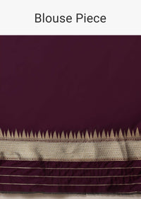 Wine Purple Saree In Art Handloom Silk With Three Toned Woven Floral Jaal, Geometric Motifs On The Pallu And Unstitched Blouse