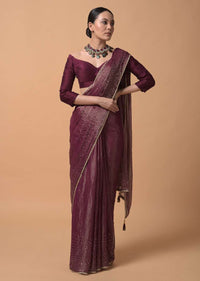 Wine Purple Saree In Zari Kota Silk With Woven Zari Stripes And Sequins Highlights Online - Kalki Fashion