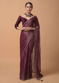 Wine Purple Saree In Zari Kota Silk With Woven Zari Stripes And Sequins Highlights Online - Kalki Fashion