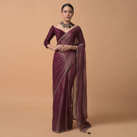 Wine Purple Saree In Zari Kota Silk With Woven Zari Stripes And Sequins Highlights Online - Kalki Fashion