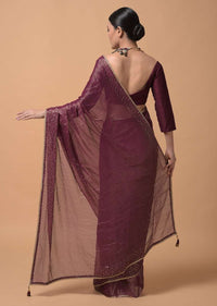 Wine Purple Saree In Zari Kota Silk With Woven Zari Stripes And Sequins Highlights Online - Kalki Fashion