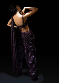 Wine Purple Sequins Dhoti Saree With Hand Embroidered Velvet Blouse And Belt Bag Online - Kalki Fashion