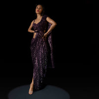 Wine Purple Sequins Dhoti Saree With Hand Embroidered Velvet Blouse And Belt Bag Online - Kalki Fashion