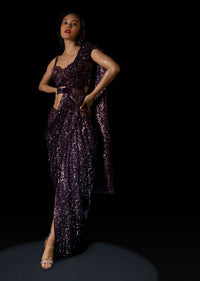 Wine Purple Sequins Dhoti Saree With Hand Embroidered Velvet Blouse And Belt Bag Online - Kalki Fashion