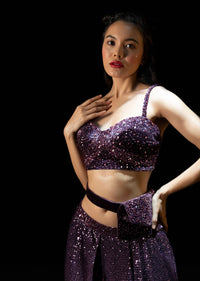 Wine Purple Sequins Dhoti Saree With Hand Embroidered Velvet Blouse And Belt Bag Online - Kalki Fashion