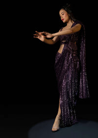 Wine Purple Sequins Dhoti Saree With Hand Embroidered Velvet Blouse And Belt Bag Online - Kalki Fashion