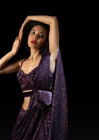 Wine Purple Sequins Dhoti Saree With Hand Embroidered Velvet Blouse And Belt Bag Online - Kalki Fashion