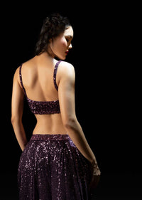 Wine Purple Sequins Dhoti Saree With Hand Embroidered Velvet Blouse And Belt Bag Online - Kalki Fashion