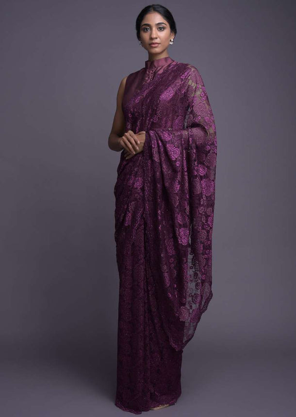 Chanti lace Plum saree adorn in kundan