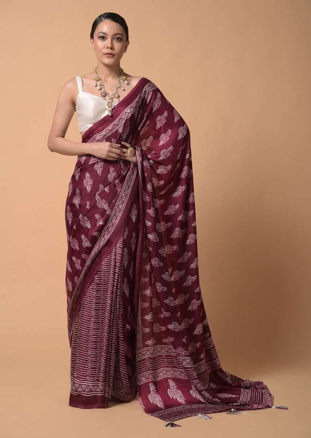 Wine Saree In Satin Blend With Batik Print And Butti Online - Kalki Fashion