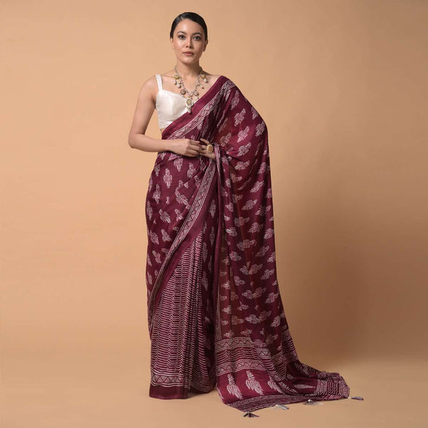 Wine Saree In Satin Blend With Batik Print And Butti Online - Kalki Fashion