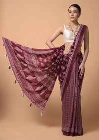 Wine Saree In Satin Blend With Batik Print And Butti Online - Kalki Fashion