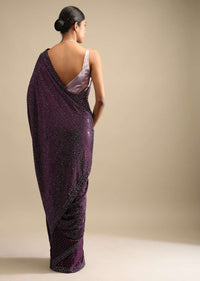 Wine Saree In Satin With A Heavy Embellished Pallu Using Scattered Sequins And Unstitched Blouse