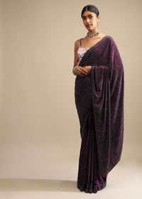 Wine Saree In Satin With A Heavy Embellished Pallu Using Scattered Sequins And Unstitched Blouse