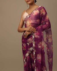 Wine Purple Cutdana Embroidered Saree In Organza With Floral Print