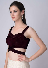 Wine Sleeveless Blouse In Velvet With Cut Out At The Waist