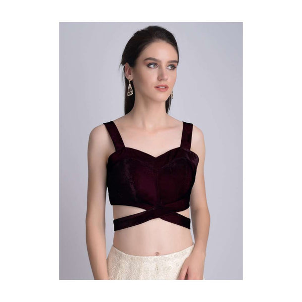Wine Sleeveless Blouse In Velvet With Cut Out At The Waist