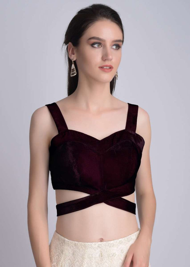 Wine Sleeveless Blouse In Velvet With Cut Out At The Waist