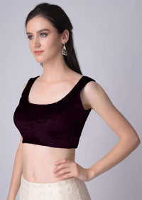 Wine Sleeveless Blouse In Velvet With U Neckline