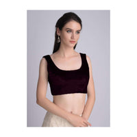 Wine Sleeveless Blouse In Velvet With U Neckline