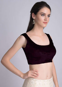 Wine Sleeveless Blouse In Velvet With U Neckline