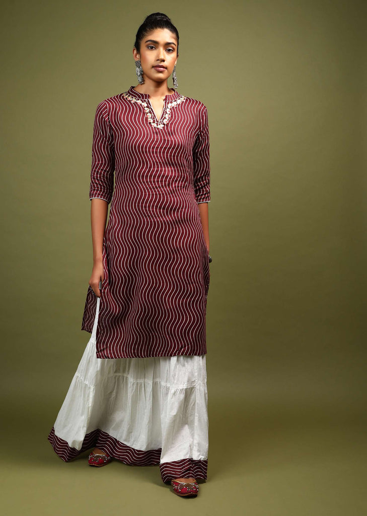 Wine Straight Cut Kurta And Skirt Set In Cotton With Wave Print And Gotta Embroidery On The Neckline