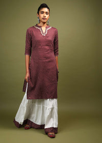 Wine Straight Cut Kurta And Skirt Set In Cotton With Wave Print And Gotta Embroidery On The Neckline
