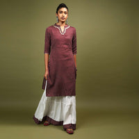 Wine Straight Cut Kurta And Skirt Set In Cotton With Wave Print And Gotta Embroidery On The Neckline