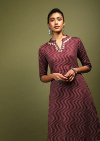 Wine Straight Cut Kurta And Skirt Set In Cotton With Wave Print And Gotta Embroidery On The Neckline
