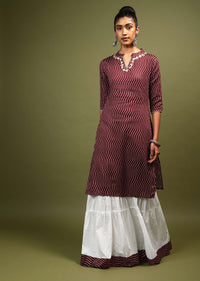 Wine Straight Cut Kurta And Skirt Set In Cotton With Wave Print And Gotta Embroidery On The Neckline