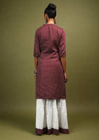 Wine Straight Cut Kurta And Skirt Set In Cotton With Wave Print And Gotta Embroidery On The Neckline