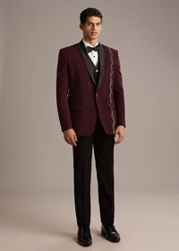 Wine Tuxedo For Men With Cutdana Embroidery