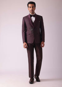 Wine Blazer And Pant Set In Terry Rayon Fabric