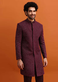 Wine Cutdana Embroidered Sherwani For Men