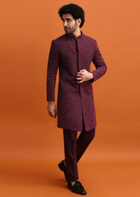 Wine Cutdana Embroidered Sherwani For Men